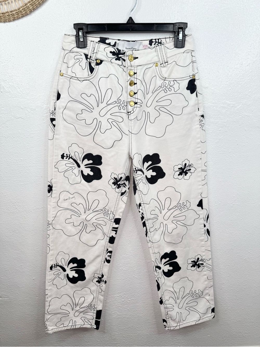 House of Sunny Jessie Jeans Size 4 White Floral High Rise Button Fly Cropped